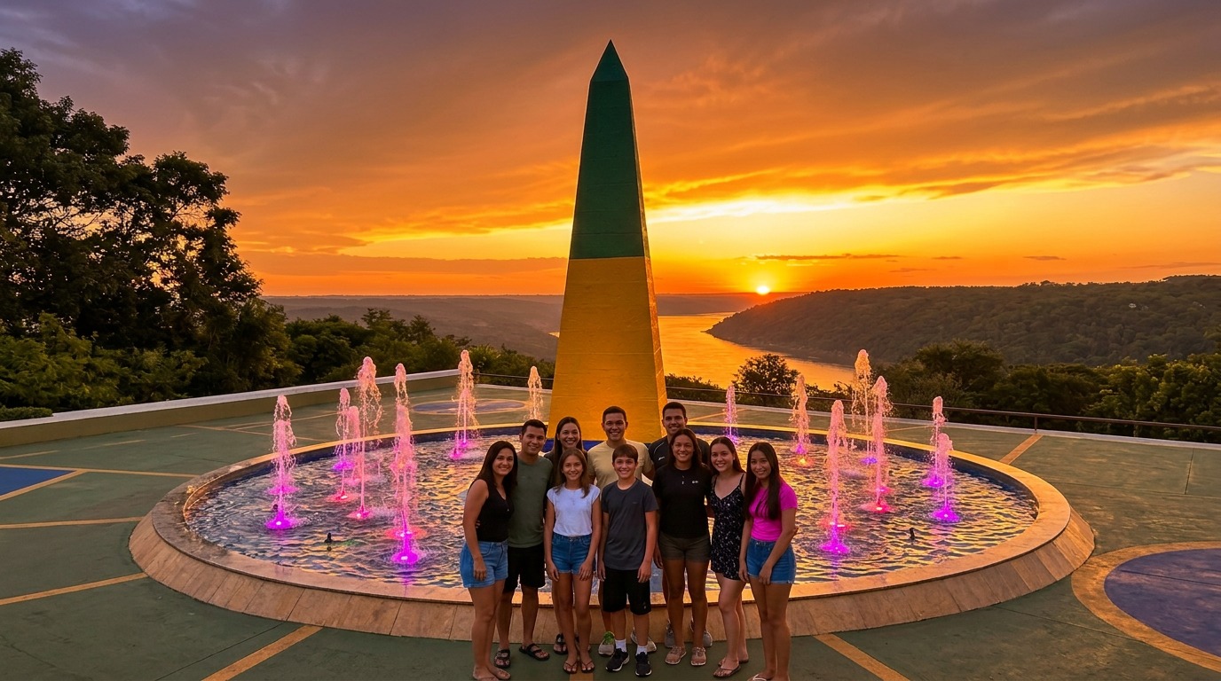 Grupo de até 10 pessoas no Marco das Três Fronteiras no Brasil ao pôr do sol